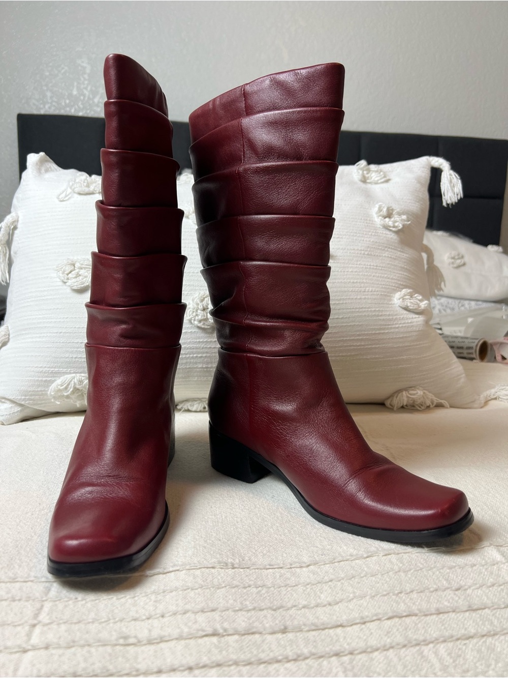 Vintage Mid-Calf Slouch Leather Boots in Burgundy